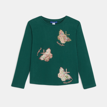 تي شيرت باللون الأخضر، بأكمام طويلة، ومُزين برسمة فراشات، للفتيات